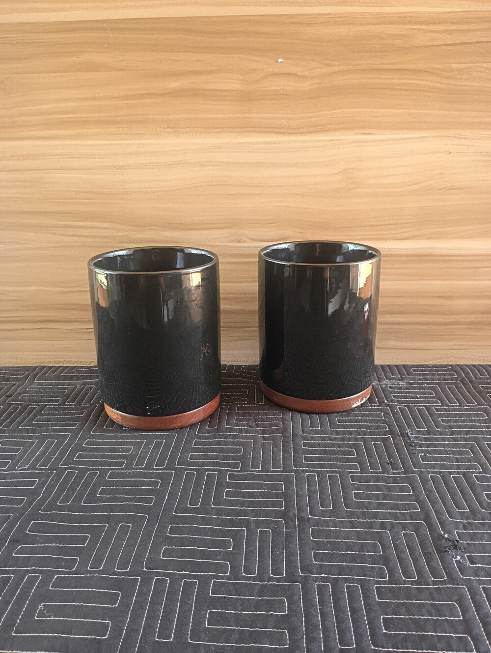 Set of 2 Black Ceramic Planters with Brown Terracotta Bases